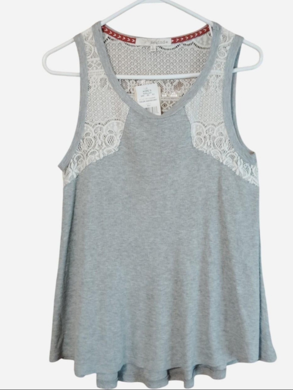 Rewind Gray Ribbed Tank Top with White Lace Yoke